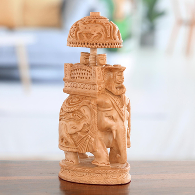 Escultura de madera - Escultura de madera de un paseo en elefante tallada a mano en la India