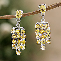 Pendientes cascada de citrino rodiados, 'Yellow Grandeur' - Pendientes cascada rodiados con gemas de citrino facetadas