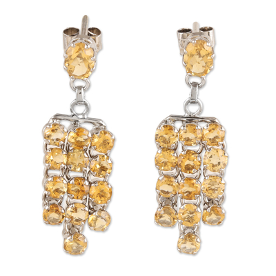 Rhodium-Plated Waterfall Earrings with Faceted Citrine Gems
