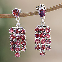 Rhodium-plated garnet waterfall earrings, 'Red Grandeur' - Rhodium-Plated Waterfall Earrings with Faceted Garnet Gems