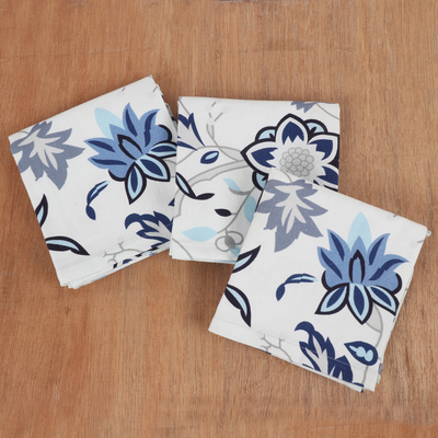 Cotton dish towels, 'Floral Blue' (set of 3) - Set of 3 Cotton Towels with Blue Floral Design from India