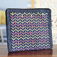 Embroidered cotton tablet sleeve, 'Navy Winds' - Cotton Tablet Sleeve in Navy and with Embroidered Details