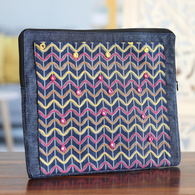 Embroidered cotton tablet sleeve, Navy Winds