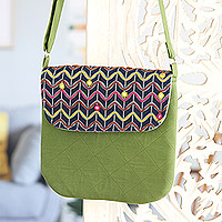 Embroidered cotton sling bag, 'Spring Waves' - Green Cotton Sling Bag with Colorful Embroidered Details