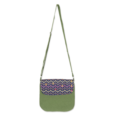 Green Cotton Sling Bag with Colorful Embroidered Details