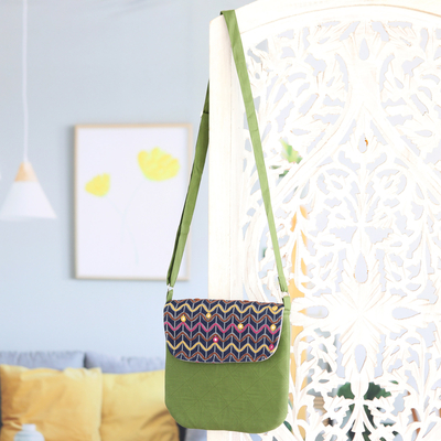Embroidered cotton sling bag, 'Spring Waves' - Green Cotton Sling Bag with Colorful Embroidered Details