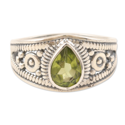 Peridot cocktail ring, 'Prosperity Drop' - Polished Sterling Silver Cocktail Ring with Natural Peridot