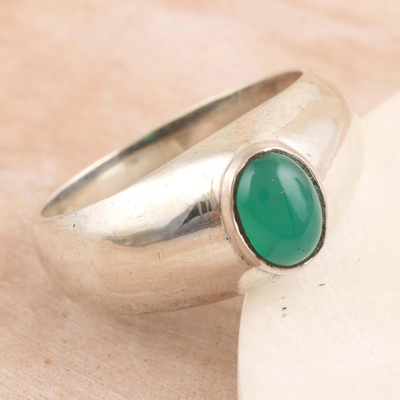 Onyx single-stone ring, 'Forest Accent' - Sterling Silver Single-Stone Ring with Green Onyx Cabochon