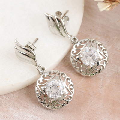 Rhodium-plated cubic zirconia dangle earrings, 'Hanging Swirl' - Rhodium-Plated Dangle Earrings with Cubic Zirconia Stones