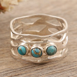Sterling silver band ring, 'Glory of the Lake' - Sterling Silver Band Ring with Three Recon Turquoise Stones
