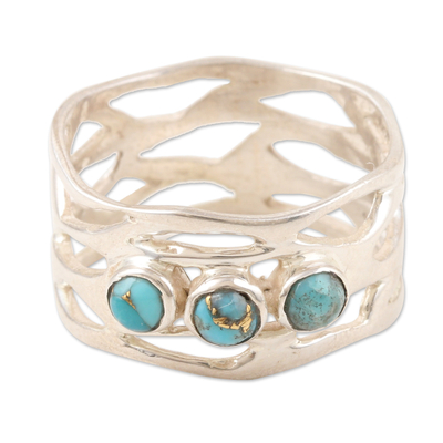 Sterling silver band ring, 'Glory of the Lake' - Sterling Silver Band Ring with Three Recon Turquoise Stones