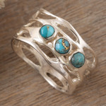 Sterling silver band ring, 'Glory of the Lake' - Sterling Silver Band Ring with Three Recon Turquoise Stones