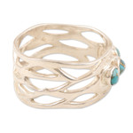 Sterling silver band ring, 'Glory of the Lake' - Sterling Silver Band Ring with Three Recon Turquoise Stones