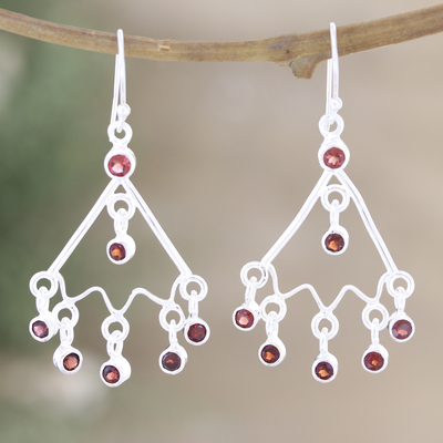 Garnet chandelier earrings, 'Red Caresses' - Sterling Silver Chandelier Earrings with Natural Garnet Gems