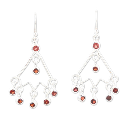 Garnet chandelier earrings, 'Red Caresses' - Sterling Silver Chandelier Earrings with Natural Garnet Gems