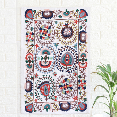 Cotton Wall Hanging, 'Tender Spring' - Cotton Wall Hanging with colourful Embroidered Details