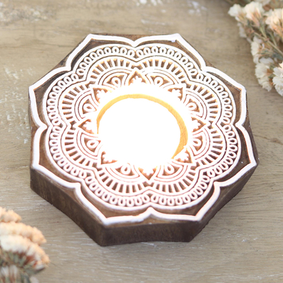 Wood tealight holder, 'Lotus Art' - Wood Tealight Candle Holder with Lotus Floral Motif
