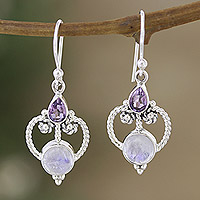 Amethyst and rainbow moonstone dangle earrings, 'Purple Mansion' - Sterling Silver Dangle Earrings with Purple Gemstones