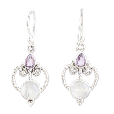 Amethyst and rainbow moonstone dangle earrings, 'Purple Mansion' - Sterling Silver Dangle Earrings with Purple Gemstones