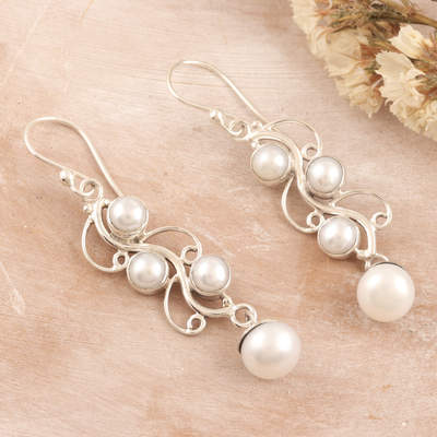 Cultured pearl dangle earrings, 'Enchanted Pearls' - Cream Cultured Pearl Dangle Earrings in High Polish Finish
