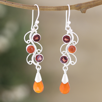Carnelian and garnet dangle earrings, 'Enchanted Jewels' - Polished Dangle Earrings with Carnelian and Garnet Stones