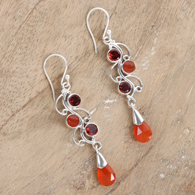 Carnelian and garnet dangle earrings, 'Enchanted Jewels' - Polished Dangle Earrings with Carnelian and Garnet Stones