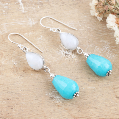 Agate and rainbow moonstone dangle earrings, 'Dream Harmony' - Sterling Silver Agate and Rainbow Moonstone Dangle Earrings