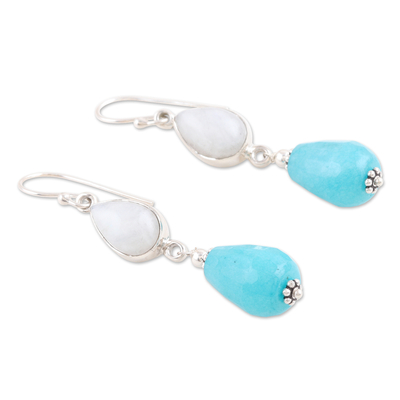 Agate and rainbow moonstone dangle earrings, 'Dream Harmony' - Sterling Silver Agate and Rainbow Moonstone Dangle Earrings