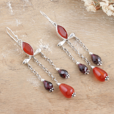 Carnelian and garnet waterfall earrings, 'Passion Drops' - Polished Waterfall Earrings with Carnelian and Garnet Gems