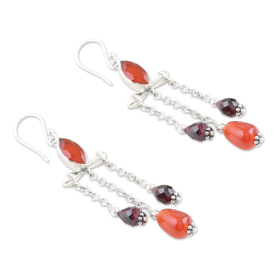 Carnelian and garnet waterfall earrings, 'Passion Drops' - Polished Waterfall Earrings with Carnelian and Garnet Gems