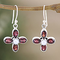 Garnet and cultured pearl dangle earrings, 'Passionate Floral Dream' - Sterling Silver Dangle Earrings with Garnet Gems and Pearls