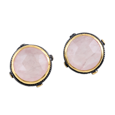Gold-accented rose quartz button earrings, 'Love Mirrors' - 18k Gold-Accented Button Earrings with Natural Rose Quartz