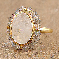 Gold-plated labradorite and rainbow moonstone cocktail ring, 'Radiant Oasis'