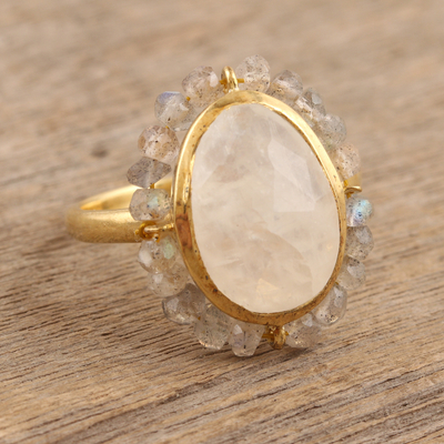 Gold-plated labradorite and rainbow moonstone cocktail ring, 'Radiant Oasis' - 18k Gold-Plated Cocktail Ring with Faceted Gem and Beads