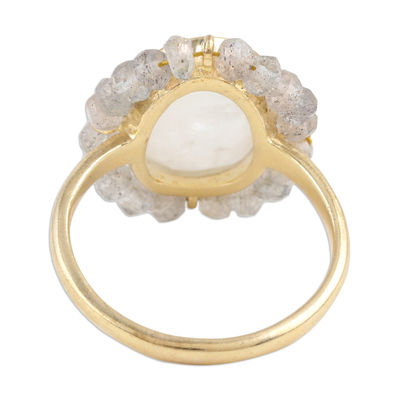 Gold-plated labradorite and rainbow moonstone cocktail ring, 'Radiant Oasis' - 18k Gold-Plated Cocktail Ring with Faceted Gem and Beads