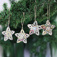 Recycled paper ornaments, 'Festive Constellation' (set of 4) - Handmade Eco-friendly Star Ornaments from India (Set of 4)