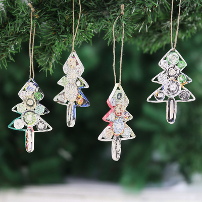 Recycled paper ornaments, 'Eco Christmas' (set of 4) - Set of 4 Eco-Friendly Christmas Tree Ornaments from India