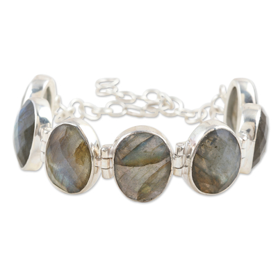 Labradorite link bracelet, 'Magic Shields' - Sterling Silver Link Bracelet with 60-Carat Labradorite Gems