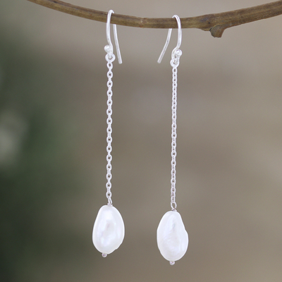 Aretes colgantes de perlas cultivadas - Aretes colgantes de plata esterlina con perlas cultivadas color crema