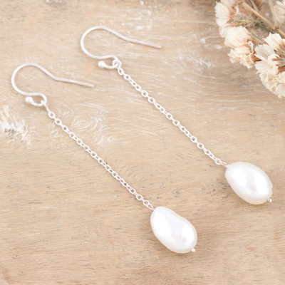Cultured pearl dangle earrings, 'Pearly Fortune' - Sterling Silver Dangle Earrings with Cream Cultured Pearls