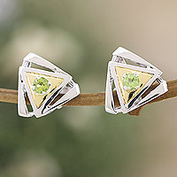 Gold-accented peridot drop earrings, 'Chic Geometry' - Gold-Accented Triangle Drop Earrings with Peridot Gemstones