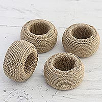Natural fiber napkin rings, 'Natural Loops' (set of 4) - Set of 4 Handcrafted Brown Jute Napkin Rings from India