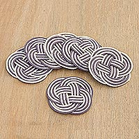 Cotton coasters, 'Blue Ties' (set of 6) - Set of 6 Blue and Ivory Cotton Coasters with Braided Design