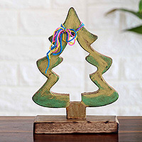 Wood sculpture, 'Joyful Present' - Handcrafted Mango Wood Christmas Tree Sculpture from India