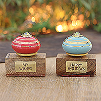 Wood stamps, 'Colorful Wishes' (set of 2) - Set of 2 Mango Wood Stamps Hand-Painted in Red and Blue Hues