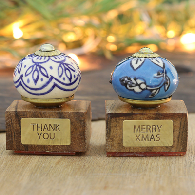 Wood stamps, 'Blue Greetings' (set of 2) - Set of 2 Mango Wood Stamps Hand-Painted in Blue Tones