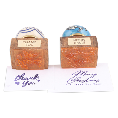 Wood stamps, 'Blue Greetings' (set of 2) - Set of 2 Mango Wood Stamps Hand-Painted in Blue Tones