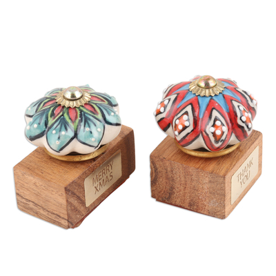 Wood and ceramic stamps, 'Flourishing Greetings' (set of 2) - Ceramic and Brass Floral Stamps Crafted from Wood (Set of 2)