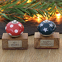 Wood and ceramic stamps, 'Holiday Wishes' (pair) - 2 Ceramic Wood Christmas Stamps Crafted and Painted by Hand