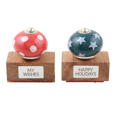 2 Ceramic Wood Christmas Stamps Crafted and Painted by Hand